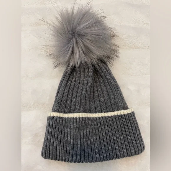 Kyi Kyi Faux Fur Pom Pom Knitted Beanie Hat Women's One Size Charcoal - Picture 4 of 8